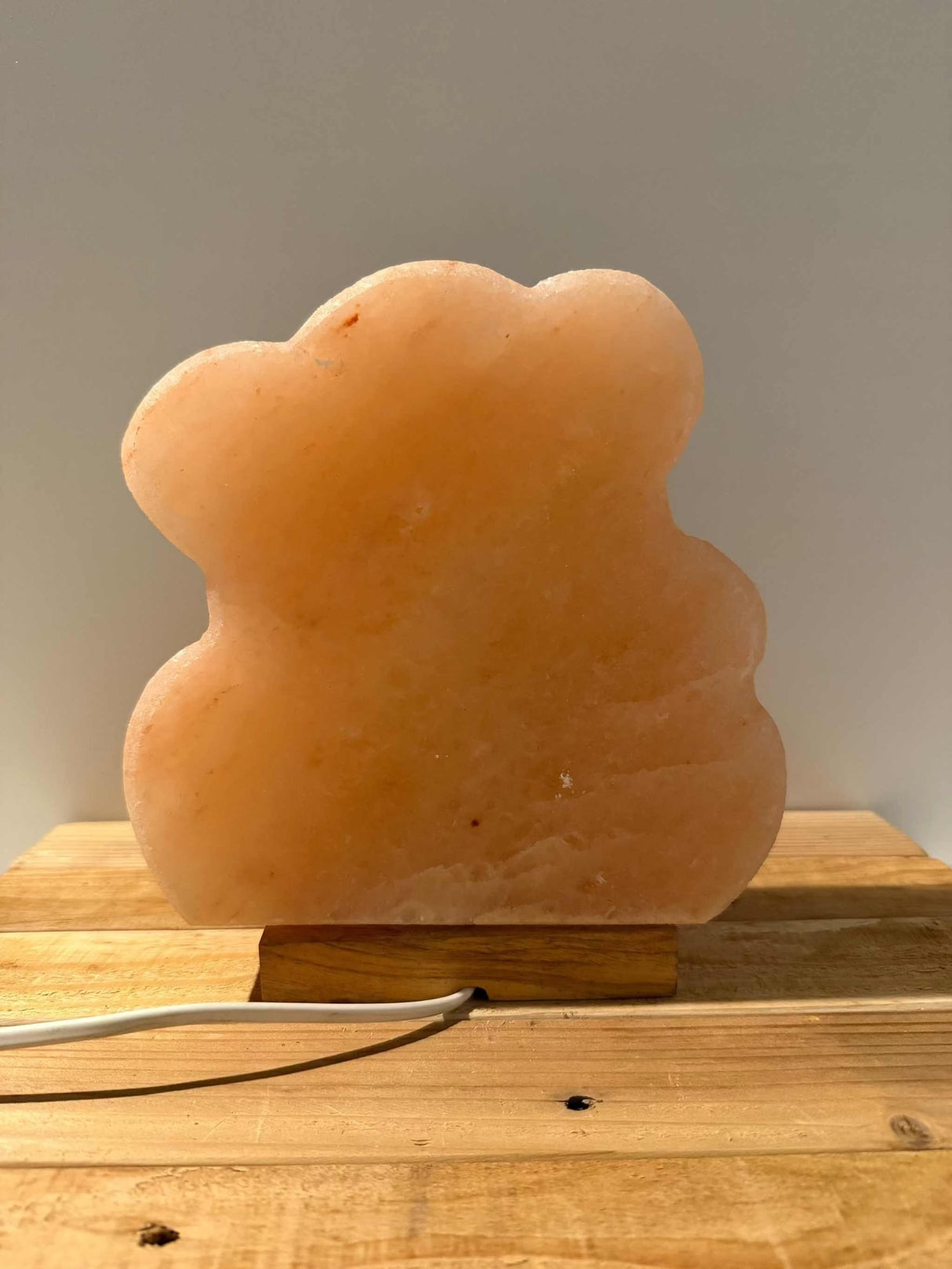 Himalaya zoutlamp in 3D beer vorm met warme gloed en houten voet