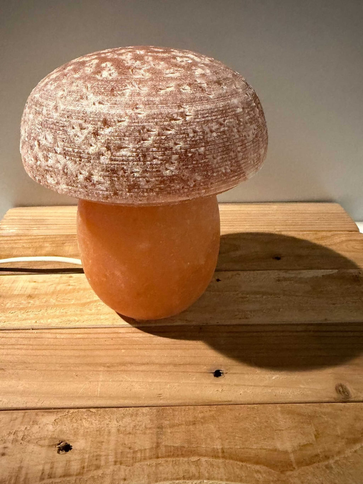 Himalaya zoutlamp in paddenstoelvorm met warme roze en rode gloed inclusief kabel en reserve lampje