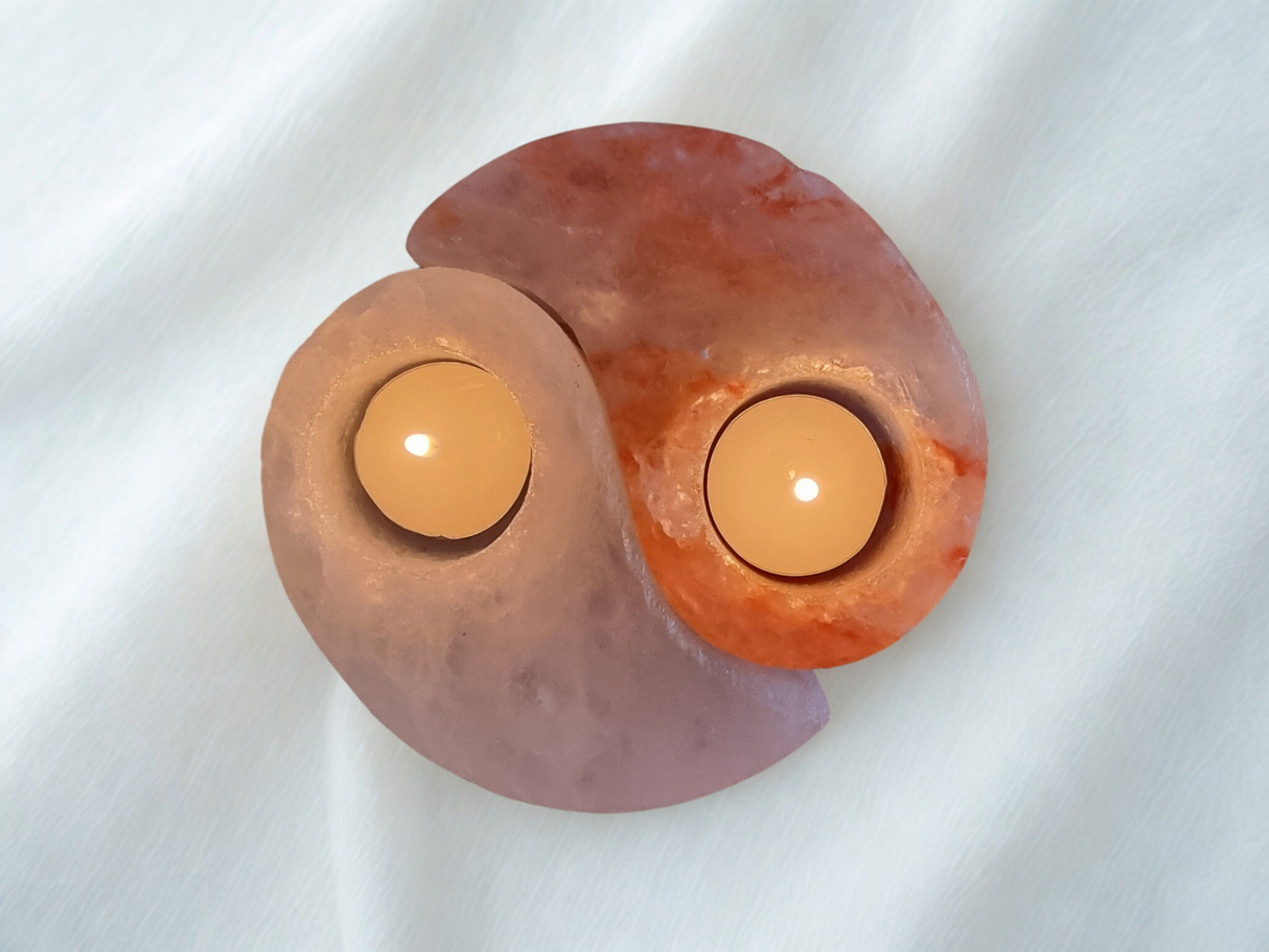 Himalaya zoutsteen yin yang theelichthouder set met warme gloed en natuurlijke harmonie