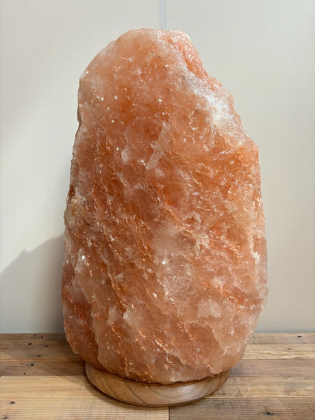 XL Himalaya zoutlamp donker en licht in natuurlijke tinten op robuuste houten voet