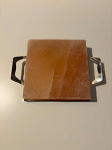 Himalaya Zoutsteen vierkante kook- en serveerplaat met RVS frame, 20x20x4cm, geschikt voor BBQ en ovengebruik