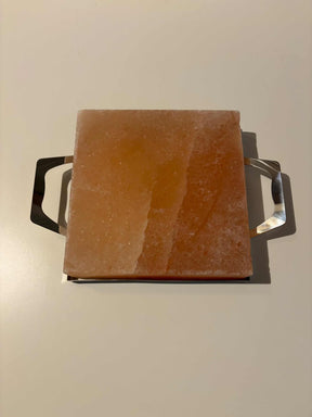 Himalaya Zoutsteen vierkante kook- en serveerplaat met RVS frame, 20x20x4cm, geschikt voor BBQ en ovengebruik