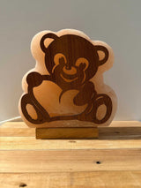 Himalaya zoutlamp 3D beer vorm met warme gloed en houten voet