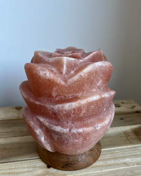 Himalaya Zoutlamp lotusbloem met houten voet en kabel, warme gloed en handgemaakt van 100% Himalayazout