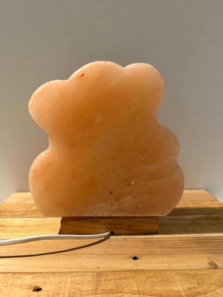 Himalaya zoutlamp in 3D beer vorm met warme gloed en houten voet