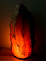 Donkere Himalaya zoutlamp 50–60 kg met diepe gloed op stevige houten voet